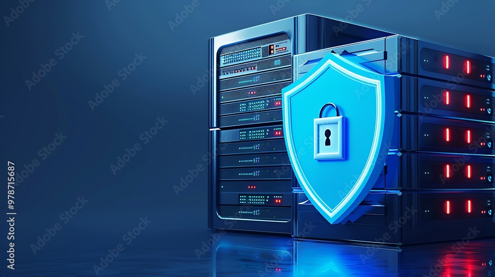 Poster conceptual image of data security featuring a shield and server, representing cybersecurity and prot