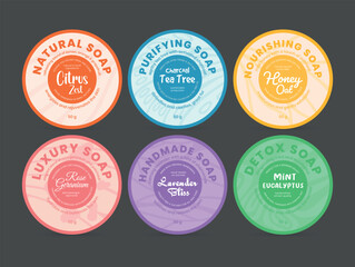 A collection of handmade soap labels, with different scents and benefits, presented in a colorful design on a neutral background.