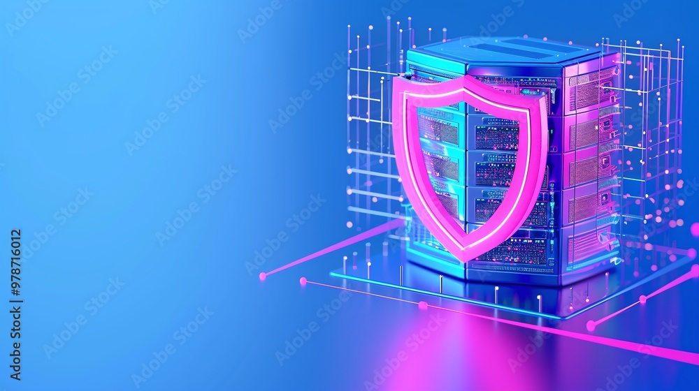 Poster digital data protection concept featuring a secure server with a glowing shield in a futuristic blue