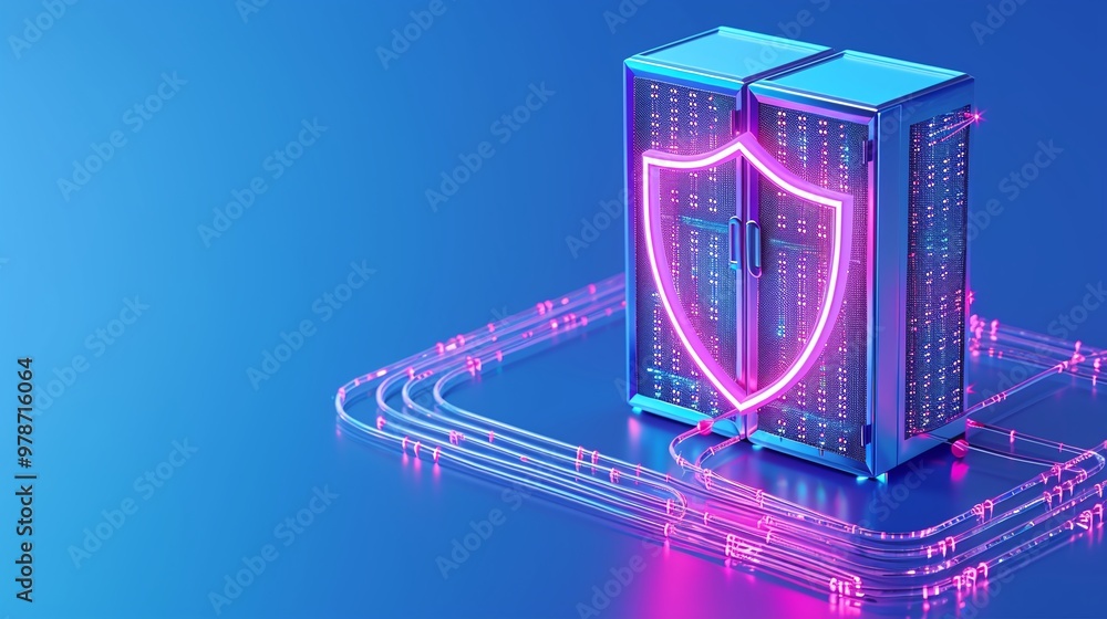 Poster digital data protection concept featuring a server with a glowing shield symbol, representing cybers