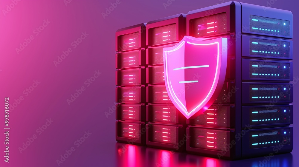 Poster digital data security concept with a shield protecting server storage in vibrant colors, symbolizing
