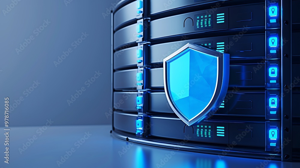 Poster digital data security concept with blue shield protecting server in modern data center for cybersecu