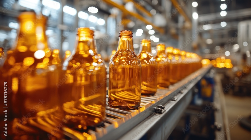 Poster amber bottles move swiftly along a production line conveyor in an industrial setting, representing a