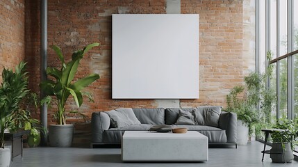 Minimalist industrial loft with blank white wall, gray leather ottoman, and concrete coffee table with plants by window