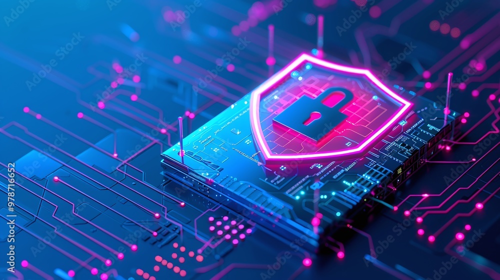 Poster digital security concept featuring a glowing padlock shield on a circuit board, representing cyberse