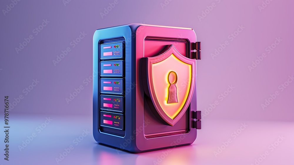 Aufkleber digital safe with a shield representing security and protection, illuminated in vibrant colors for a