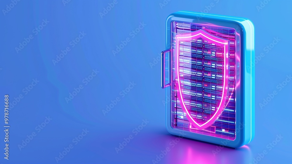 Poster digital security concept featuring a glowing shield and server, symbolizing protection and data priv