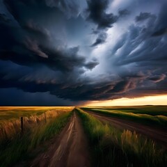 Prairie Under Stormy Skies, stormy skies, prairie lightning, dark clouds, wild winds, dramatic landscape, tall grass, raw power, nature&rsquo;s fury
