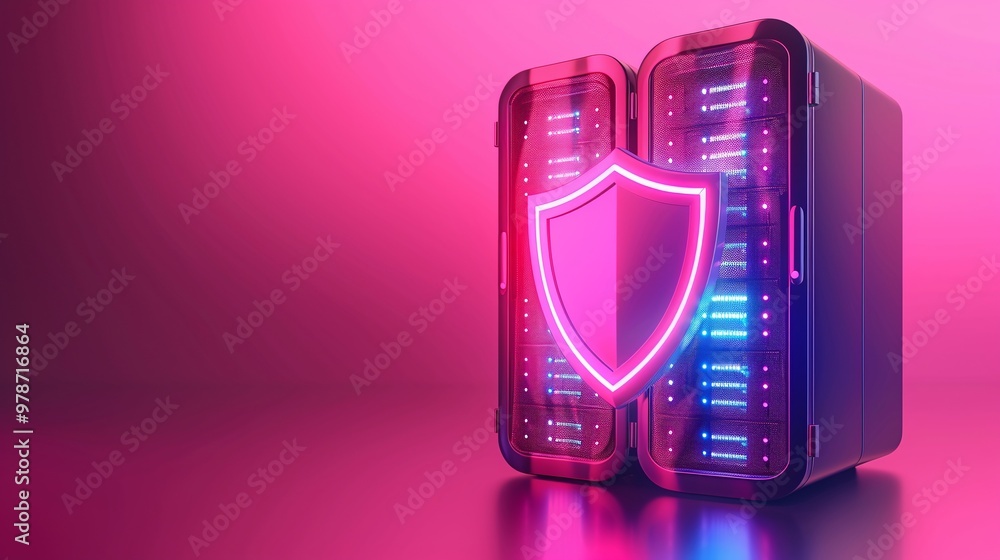 Poster digital security concept featuring a glowing shield over a data server, symbolizing protection and c
