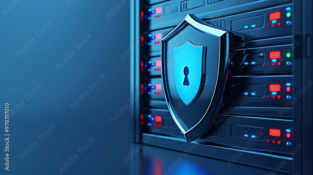 Poster digital security concept featuring a shield and server rack, symbolizing data protection and cyberse
