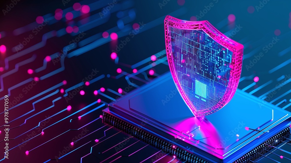 Poster digital security concept featuring a shield icon on a microchip, symbolizing protection and technolo