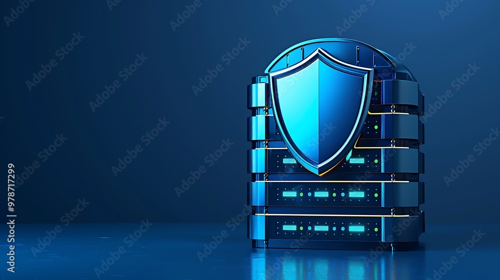 Poster digital security concept with a blue shield symbolizing data protection and server technology in a m