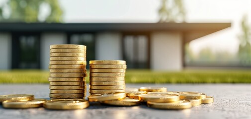 Stacks of gold coins on a driveway, with a modern house in the background, symbolizing wealth and investment opportunities.