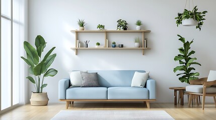 Mid-century modern living room featuring wooden floors, light blue sofa, shelves, white wall, and bright lighting