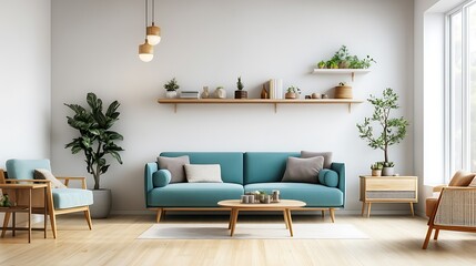 Modern mid-century living room with light blue sofa, wooden floors, shelves, white wall, and bright lighting