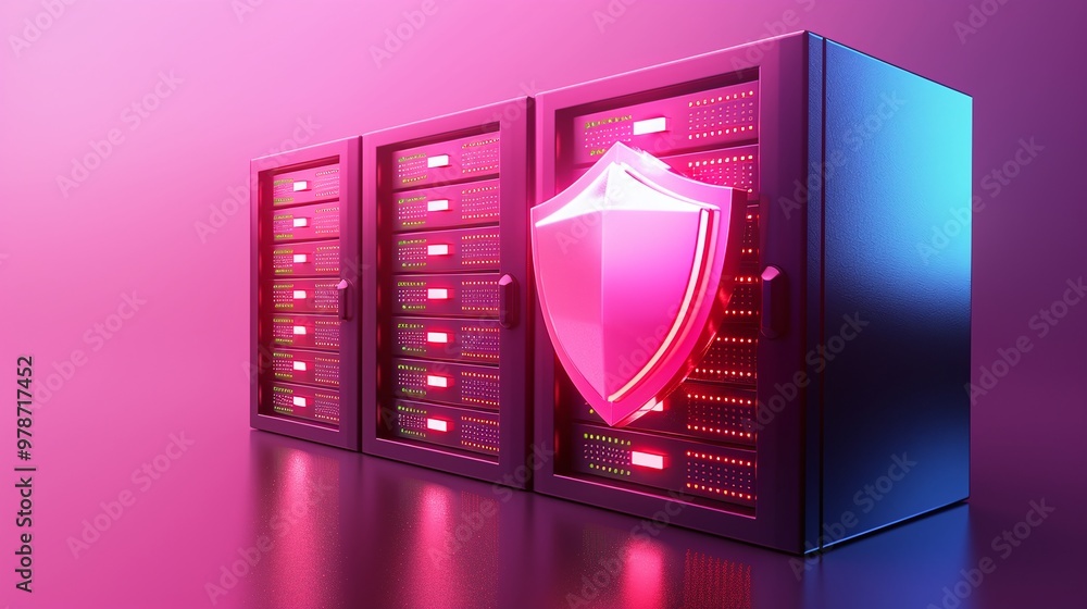 Poster digital security concept with servers and a protective shield symbolizing data security and privacy 