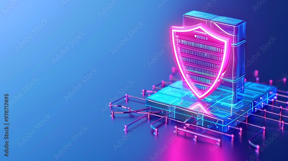 Poster digital security shield concept with neon colors, representing data protection and cybersecurity tec