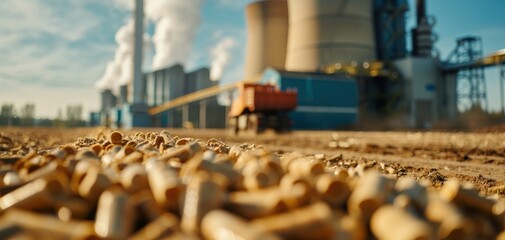 Industrial site showcasing raw materials on the ground with smokestacks in the background and machinery in operation.