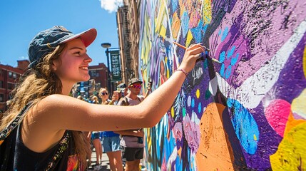 A talented young artist brings a vibrant mural to life on a public wall, captivating a gathering of intrigued spectators. - Powered by Adobe