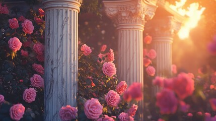 Classical marble columns amidst blooming pink roses, bathed in the soft glow of a sunset.