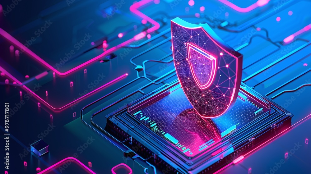 Poster digital security shield symbolizing protection in the technology realm, featuring vibrant neon color