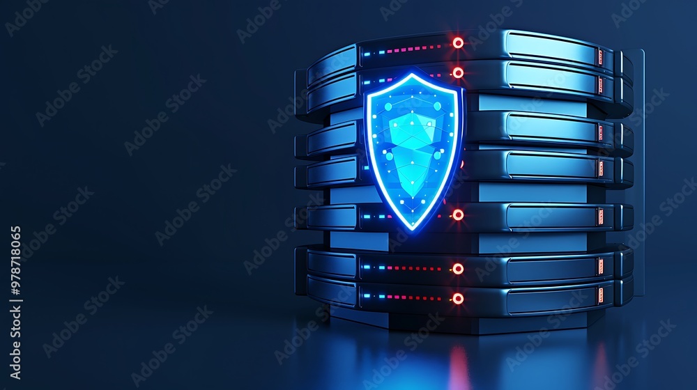 Wall mural Digital server stack with glowing security shield, representing data protection and cybersecurity technology in a modern environment.