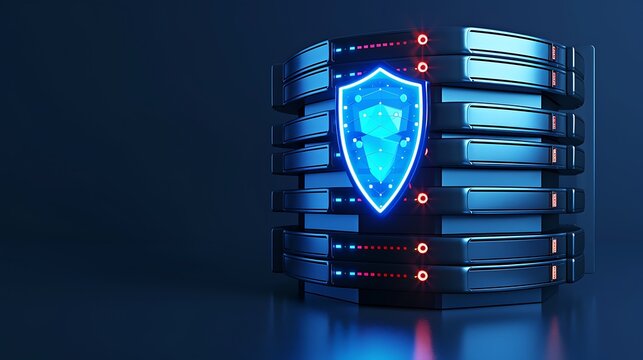 Digital server stack with glowing security shield, representing data protection and cybersecurity technology in a modern environment.