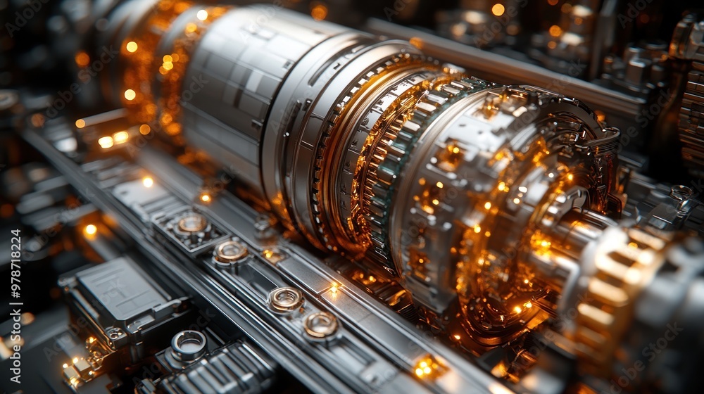 Poster close-up of a complex mechanical component with glowing elements.