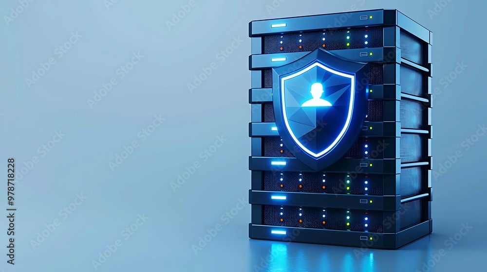 Poster digital server with security shield symbolizing data protection and cybersecurity in technology infr