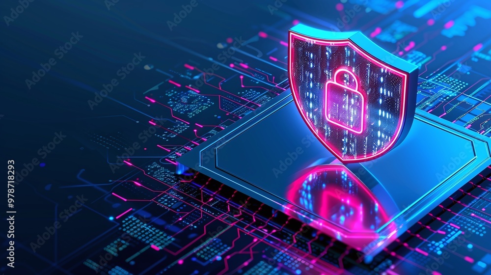 Poster digital shield and lock symbolizing cyber security and data protection against online threats and br