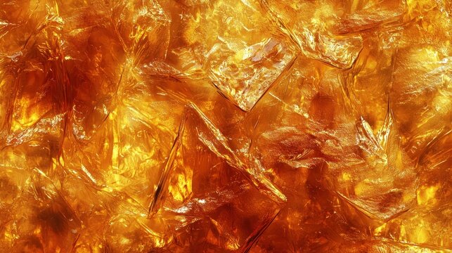 Captivating amber glass texture illuminated by warm light creating a unique abstract formation