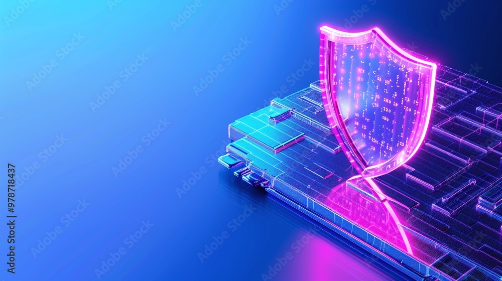 Poster digital shield graphic symbolizing cybersecurity and data protection on a modern circuit board backg