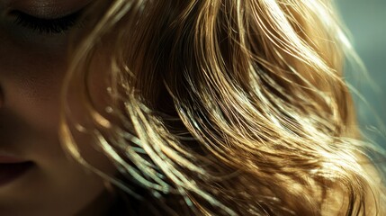 Naklejka premium Close-up of a woman radiant skin, capturing the texture and shine of her hair in a soft light.