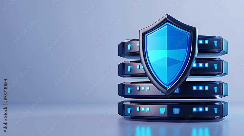 Poster digital shield icon protecting database servers in a modern tech setup, representing cybersecurity a