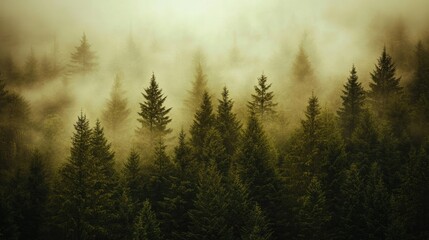 Forest bathed in thick fog, with towering trees disappearing into the mist, creating an ethereal, mysterious mood