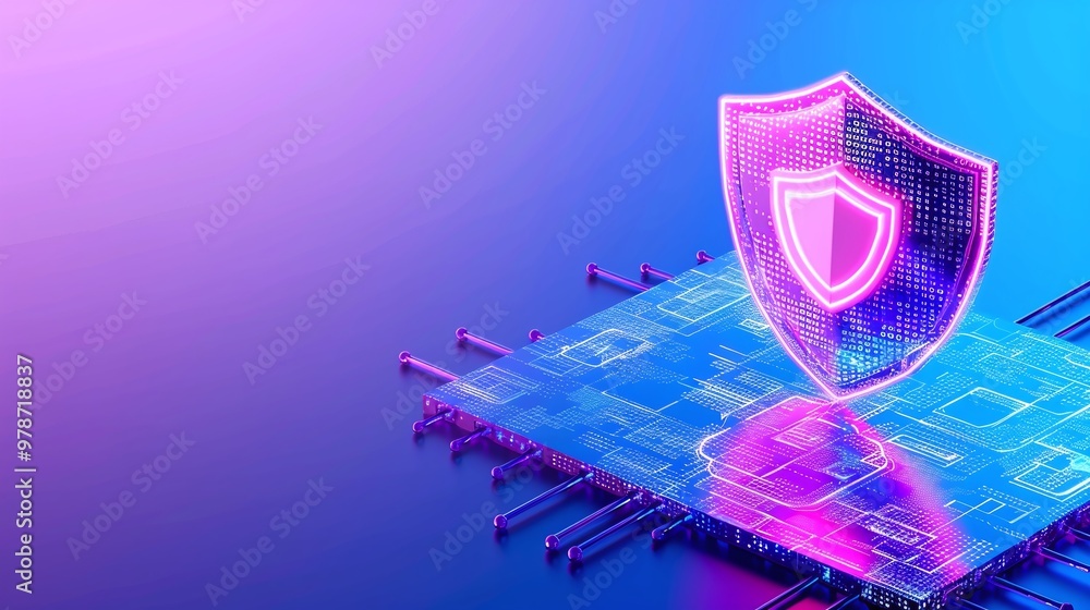 Poster digital shield icon representing cybersecurity and data protection on a futuristic background with c