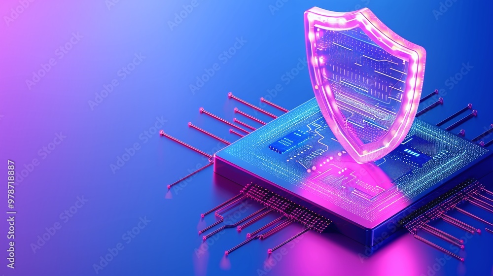 Poster Digital shield on a microchip illustrating cybersecurity and data protection technology concepts.