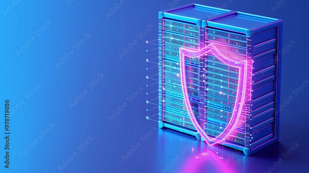 Poster digital shield protecting a server in vibrant blue tones, symbolizing cybersecurity and data protect