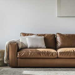 Luxury Leather Couch Against a White Wall Background