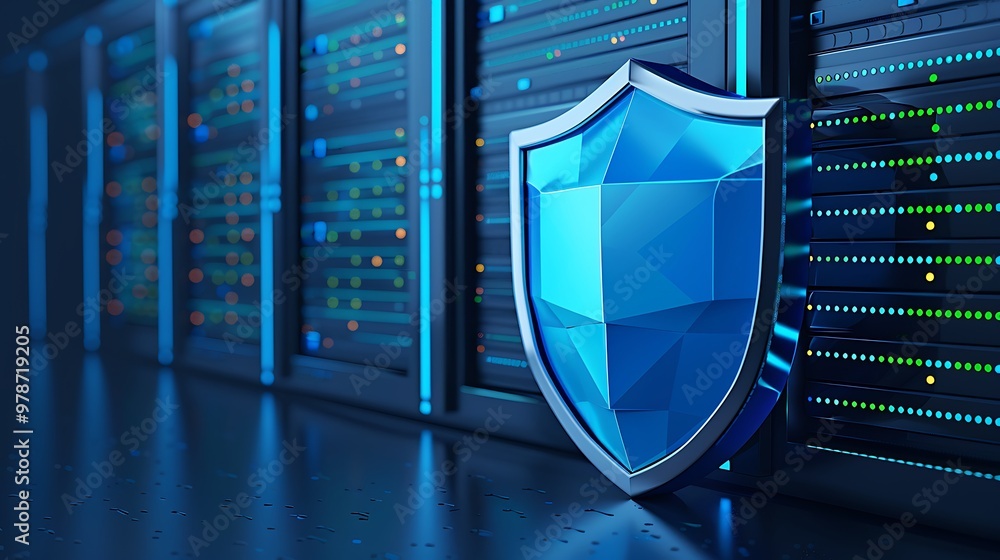 Poster digital shield representing cybersecurity against threats in a modern server environment.