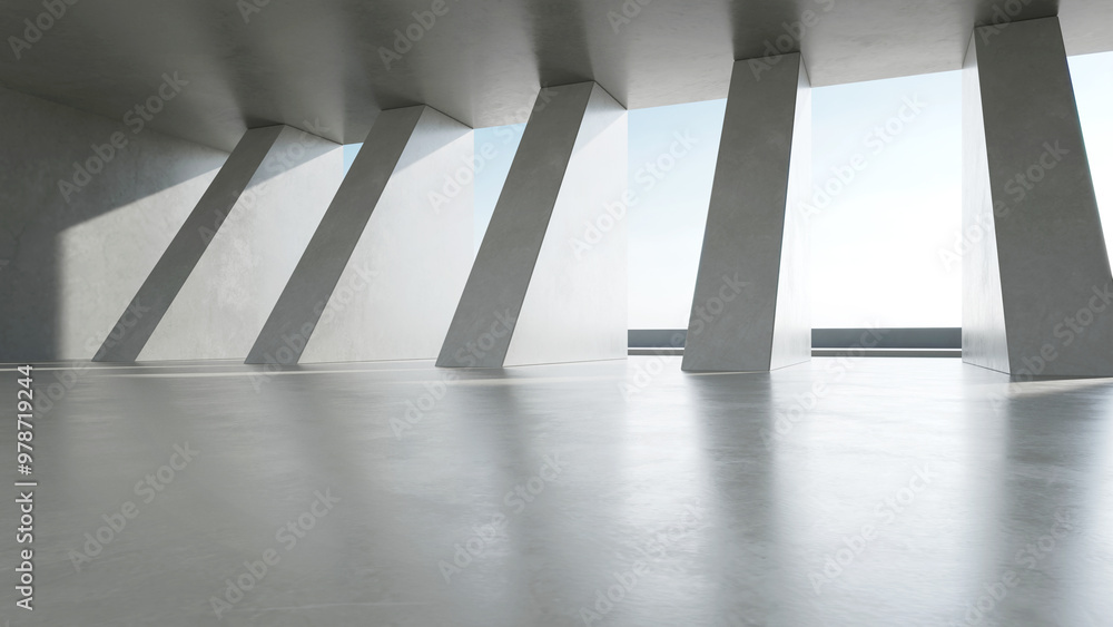 Fototapete 3d render of empty concrete interior space with sun light,  Abstract architecture with cement structure for car presentation