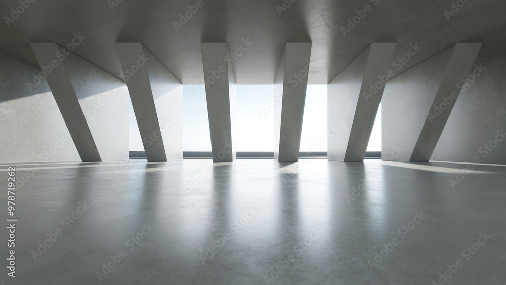 Fototapete 3d render of empty concrete interior space with sun light,  Abstract architecture with cement structure for car presentation