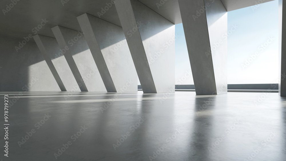 Poster 3d render of empty concrete interior space with sun light,  Abstract architecture with cement structure for car presentation