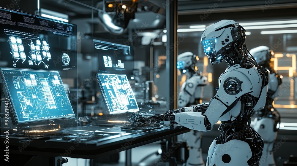 Poster futuristic robots assembling high-tech gadgets in a cutting-edge laboratory with glowing interfaces.
