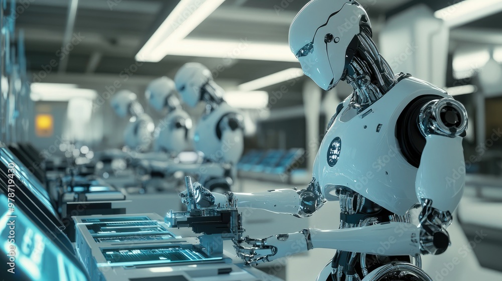 Poster futuristic robots assembling high-tech gadgets in a cutting-edge laboratory with glowing interfaces.