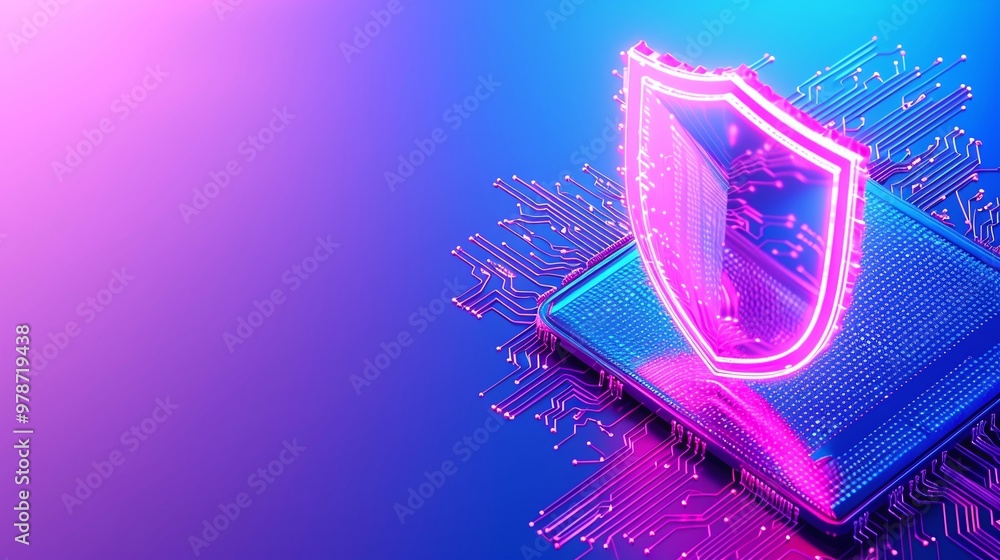 Poster digital shield symbol illuminated in neon colors, representing cybersecurity and protection in a mod