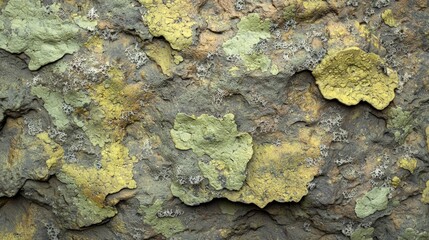 Vibrant textures of lichen and moss on ancient rock face in a tranquil forest