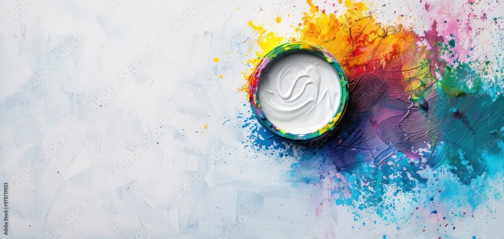 Poster a vibrant splash of colorful paint surrounds a white paint container, creating an artistic and livel