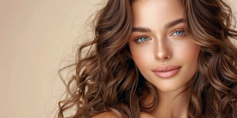 Naklejka premium Gorgeous dark-haired model with lengthy ringlets, beaming lady with wavy locks. Fashion, attractiveness and cosmetics photo. Therapy, attention and spa services.