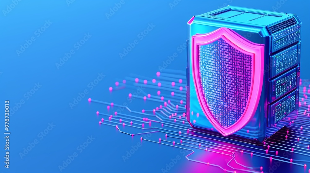 Poster digital shield symbolizing cybersecurity and technology, highlighted with glowing neon colors on a f